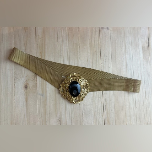 Miriam Haskell Vintage Gold Mesh Belt Black Gem Statement 80s Glam 26” main image 9